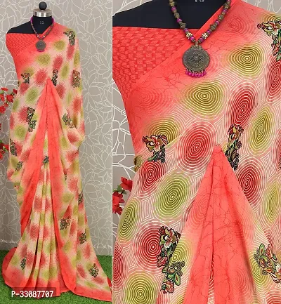 Stylish Pink Georgette Printed Saree with Blouse piece For Women-thumb0