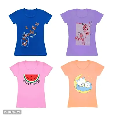 Venus Fashion|Pack of 4|Girl's Pure Cotton|Round Neck|Half Sleeves|Minimal Print|Soft  Comfortable|Regular Fit T Shirt (3-4 Years, Light Orange_Dark Blue_Light Pink_Lavender)