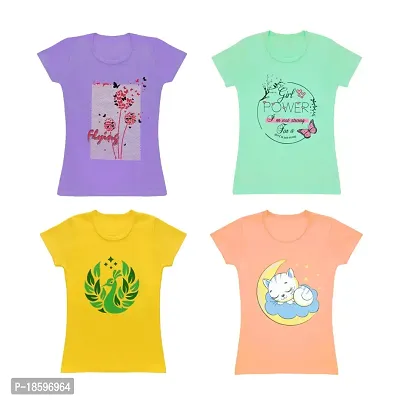 Venus Fashion|Pack of 4|Girl's Pure Cotton|Round Neck|Half Sleeves|Minimal Print|Soft  Comfortable|Regular Fit T Shirt (3-4 Years, Light Orange_Lemon Yellow_Light Green_Lavender)