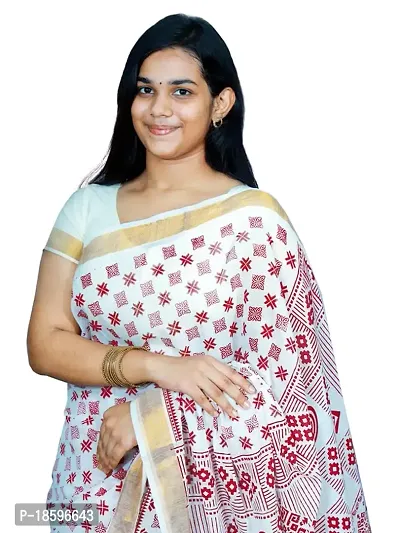 LUNARA Women?s Pure Kerala Cotton Saree | Off White | With Running Blouse Piece | Hand Block Printed (Red)-thumb0