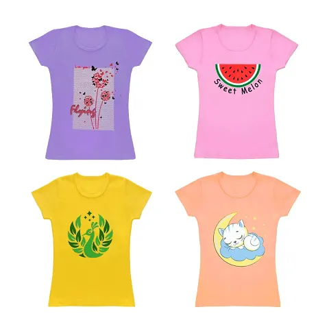 Venus Fashion|Pack of 4|Girl's Pure Cotton|Round Neck|Half Sleeves|Soft Comfortable|Regular Fit T Shirt