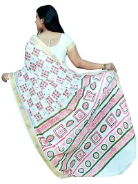 LUNARA Women?s Pure Kerala Cotton Saree | Off White | With Running Blouse Piece | Hand Block Printed (Olive Green_Pink)-thumb2