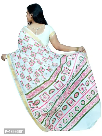 LUNARA Women?s Pure Kerala Cotton Saree | Off White | With Running Blouse Piece | Hand Block Printed (Olive Green_Pink)-thumb3