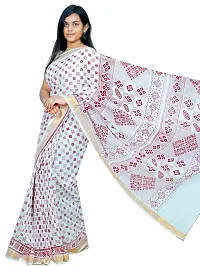 LUNARA Women?s Pure Kerala Cotton Saree | Off White | With Running Blouse Piece | Hand Block Printed (Red)-thumb1