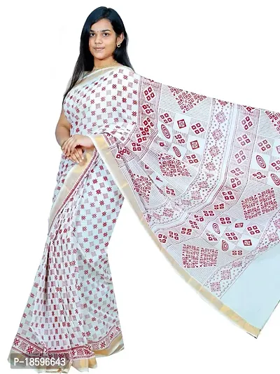 LUNARA Women?s Pure Kerala Cotton Saree | Off White | With Running Blouse Piece | Hand Block Printed (Red)-thumb2