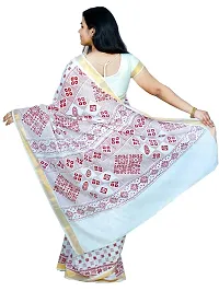 LUNARA Women?s Pure Kerala Cotton Saree | Off White | With Running Blouse Piece | Hand Block Printed (Red)-thumb2