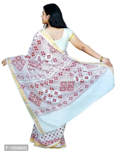 LUNARA Women?s Pure Kerala Cotton Saree | Off White | With Running Blouse Piece | Hand Block Printed (Red)-thumb3