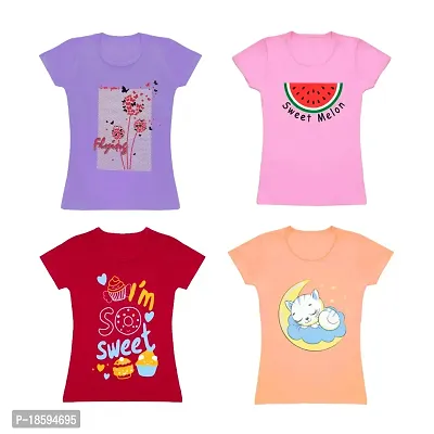 Venus Fashion|Pack of 4|Girl's Pure Cotton|Round Neck|Half Sleeves|Minimal Print|Soft  Comfortable|Regular Fit T Shirt (3-4 Years, Light Orange_Red_Light Pink_Lavender)