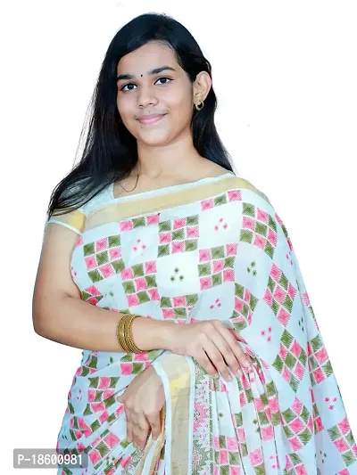 LUNARA Women?s Pure Kerala Cotton Saree | Off White | With Running Blouse Piece | Hand Block Printed (Olive Green_Pink)