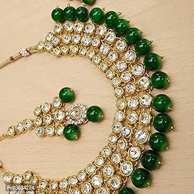 SAJH Fashionable Traditional Kundan Antiques Fancy Green colour Necklace with earring set and maang tikka for women-thumb2