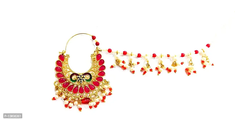 SAJH MOTI GREEN COLORED GOLD PLATED NATH (RED)