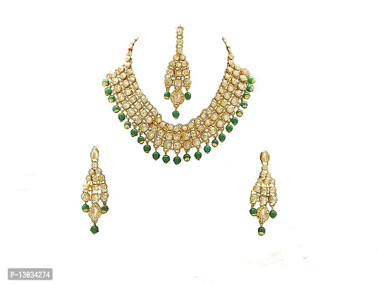 SAJH Fashionable Traditional Kundan Antiques Fancy Green colour Necklace with earring set and maang tikka for women-thumb0