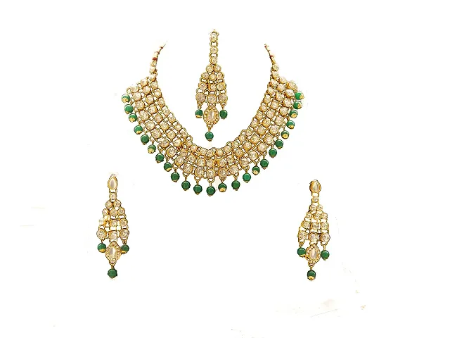 SAJH Fashionable Traditional Kundan Antiques Fancy colour Necklace with earring set and maang tikka for women