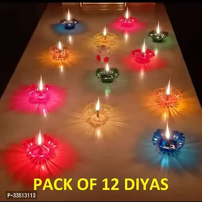 Set of 12 Multicolour 3D Reflection Reusable Designer Diwali Oil Diya Combo Transparent Plastic - With 12 Wicks(Bati)-thumb0