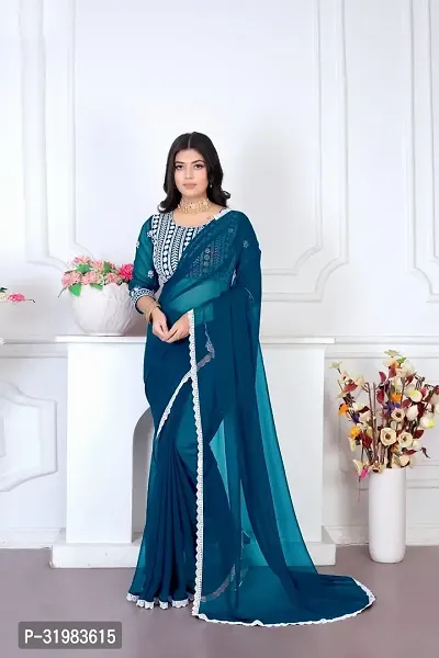 Stylish Teal Georgette Saree With Blouse Piece For Women-thumb0