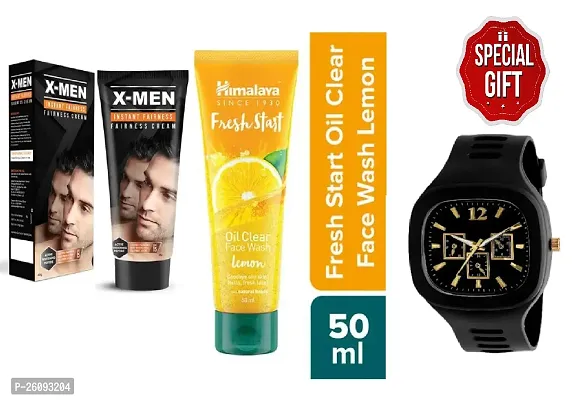 X-Men Instant Fairness Cream SPF 30.g With Himalaya Fresh Start Oil Clear Lemon Face Wash, 50 ml  Black  Analog  Watch  Free Gift