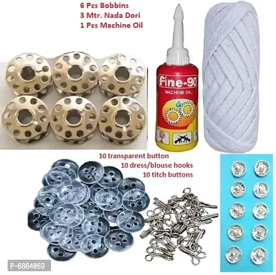 10 transparent buttons,10 dress/blouse hooks,10 titch buttons,6 pcs bobbin,1 machine oil  3 meter nada buy original from Amaze Trade