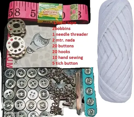 20 Butons,20 Dress/Blouse Hooks,10 Hand Sewing Needles, 5 Titch Button,2 Mtr. Nada Dori ,2 Bobbins,1 Needle threader,1 Inch/Measurement Tape (150 cm)