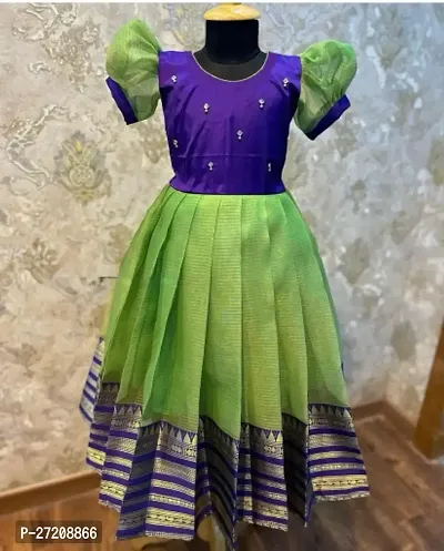 Stylish Green Jacquard Ethnic Gown For Kids