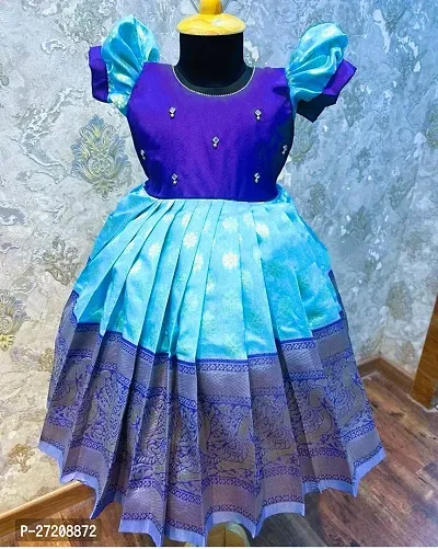 Stylish Blue Jacquard Ethnic Gown For Kids