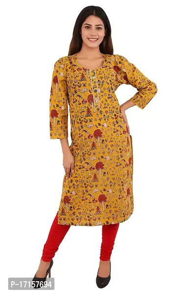 LDHSATI? Women's Cotton Kalamkari Printed Straight Kurti Kurtis (Kurti Design May Vary as per Availability) Yellow
