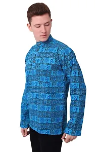 ldhsati Cotton Blend Om Printed Short Straight Kurta for Men (Men's) Man Blue-thumb1