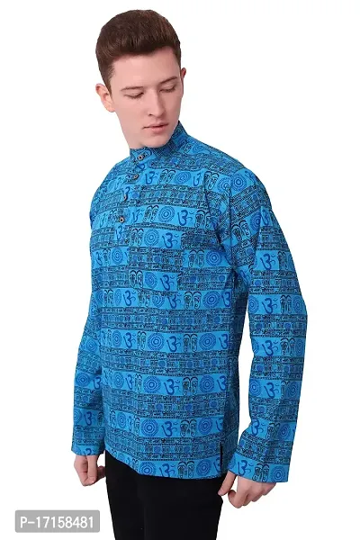 ldhsati Cotton Blend Om Printed Short Straight Kurta for Men (Men's) Man Blue-thumb2