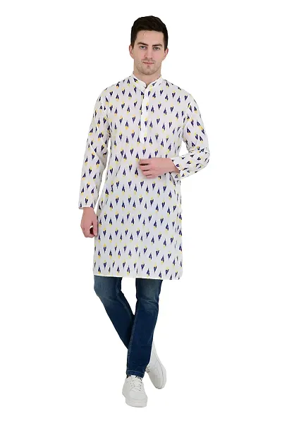 ldhsati Men's Cotton Printed Casual Diwali or Other Events Straight Long Kurta for Men (Man's) Man Traveling Kurta, Kurta for Puja (to Worship)