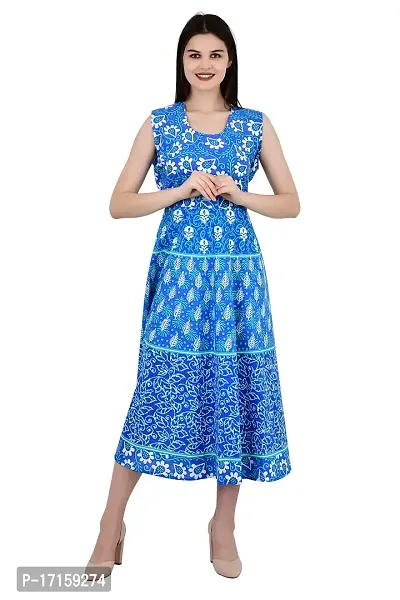 ldhsati Women's Cotton Traditional Jaipuri Printed One Piece Cocktail Midi Dress, Maxi Frock Long Kurti, Midi Maxi Dress Multicolored_Free Size Upto Up to 42XL-thumb2