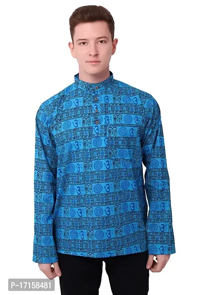 ldhsati Cotton Blend Om Printed Short Straight Kurta for Men (Men's) Man Blue