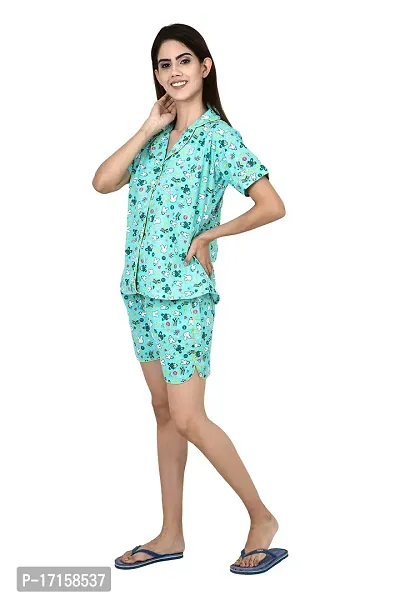 ldhsati Women's Cotton Cartoon Printed Short Half Sleeves Night Suit Set of Top  Shorts Night Suit  Night Shirt | Front Open Night Dress Night Suit and Nightdress Ladies Night Dress Baby Doll Nighty-thumb3