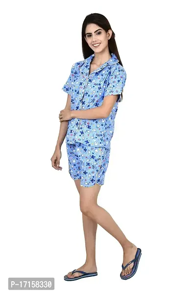 ldhsati Women's Cotton Cartoon Printed Short Half Sleeves Night Suit Set of Top  Shorts Night Suit  Night Shirt | Front Open Night Dress Night Suit and Nightdress Ladies Night Dress Baby Doll Nighty-thumb3