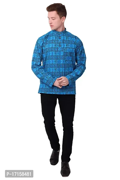 ldhsati Cotton Blend Om Printed Short Straight Kurta for Men (Men's) Man Blue-thumb3