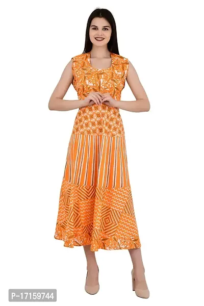 ldhsati Women's Cotton Traditional Jaipuri Printed One Piece Cocktail Midi Dress, Maxi Frock Long Kurti, Midi Maxi Dress Multicolored_Free Size Upto Up to 42XL-thumb2