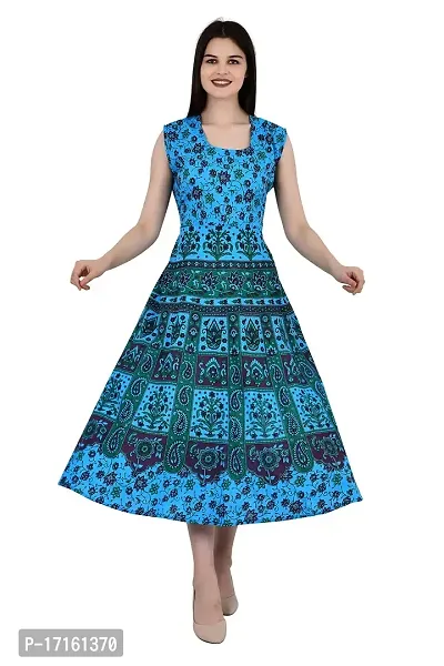 ldhsati Women's Cotton Traditional Jaipuri Printed One Piece Cocktail Midi Dress, Maxi Frock Long Kurti, Midi Maxi Dress Multicolored_Free Size Upto Up to 42XL