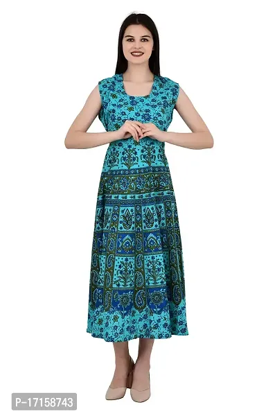 ldhsati Women's Cotton Traditional Jaipuri Printed One Piece Cocktail Midi Dress, Maxi Frock Long Kurti, Midi Maxi Dress Multicolored_Free Size Upto Up to 42XL-thumb2