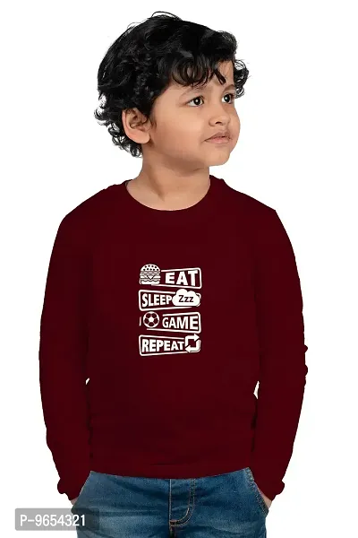 Chombooka Boys' & Girls' Graphics Print Full Sleeve Round Neck Kids' Cotton T Shirt | Maroon | 6-7 Years | Kids_EatSleepGame_MAR_FS6