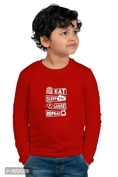 Chombooka Boys' & Girls' Graphics Print Full Sleeve Round Neck Kids' Cotton T Shirt | Red | 8-9 Years | Kids_EatSleepGame_Red_FS8