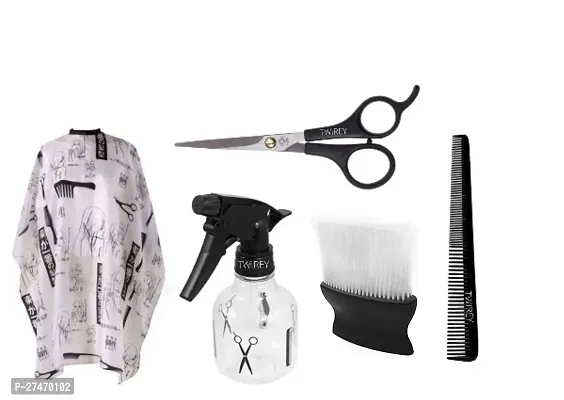 5In1 Professional Parlor Cutting Set(Hair Cutting Scissors With Hair Cutting Sheet Apron With Neck Face Duster Brush With Comb With Spray Bottle)