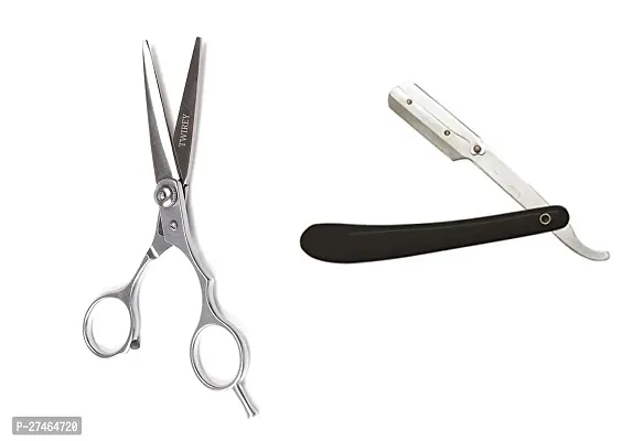 Professional Salon Barber Hair Cutting Scissors And Folding Razor Scissor Silver Combo Of 2-thumb0