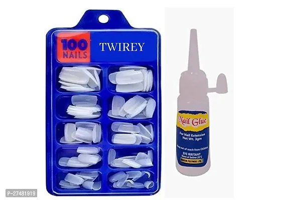 Twirey Artificial Nails Set With Glue Acrylic Fake/False Nails (Set Of 100 Pcs) And Artificial Nail Glue 3Gm, Reusable-thumb0