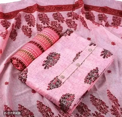 Designer Pink Cotton Unstitched Dress Material Top With Bottom Wear And Dupatta Set for Women