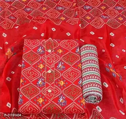 Designer Red Cotton Unstitched Dress Material Top With Bottom Wear And Dupatta Set for Women