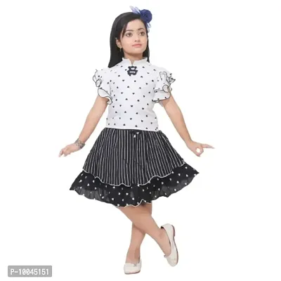 RJ JOSHNA'S Dresses Cotton Blend Printed Top and Skirt Dress for Girls (White, 6-7 Years)