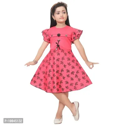 RJ JOSHNA'S Dresses Cotton Blend Printed Knee Length Frock Dress for Girls (Pink, 6-7 Years)