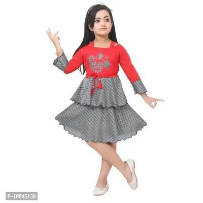 RJ JOSHNA'S Dresses Cotton Blend Printed Knee Length Frock Dress for Girls (Red, 3-4 Years)