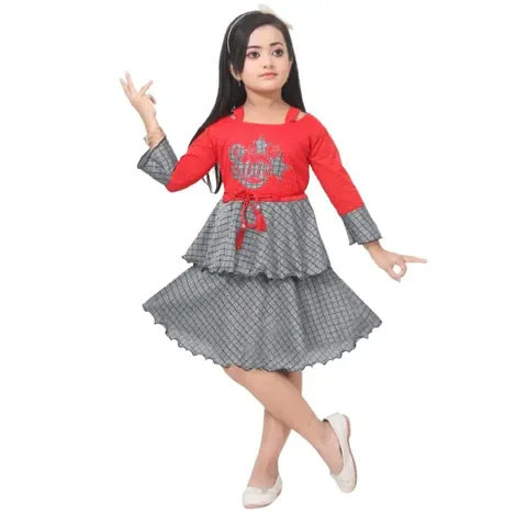 RJ JOSHNA'S Dresses Blend Knee Length Frock Dress for Girls (Red, 3-4 Years)