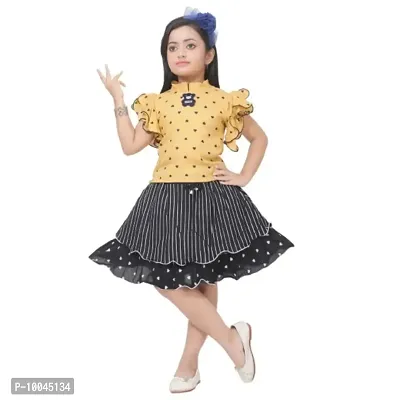 RJ JOSHNA'S Dresses Cotton Blend Printed Top and Skirt Dress for Girls (Light Yellow, 4-5 Years)