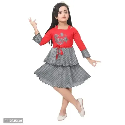 RJ JOSHNA'S Dresses Cotton Blend Printed Knee Length Frock Dress for Girls (Red, 7-8 Years)