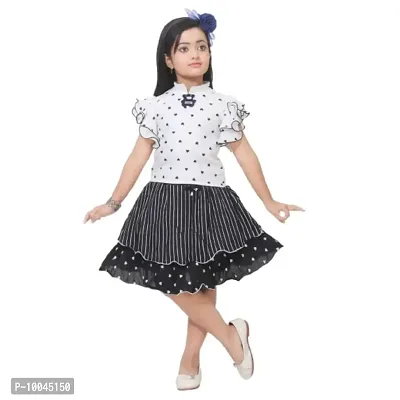 RJ JOSHNA'S Dresses Cotton Blend Printed Top and Skirt Dress for Girls (White, 4-5 Years)
